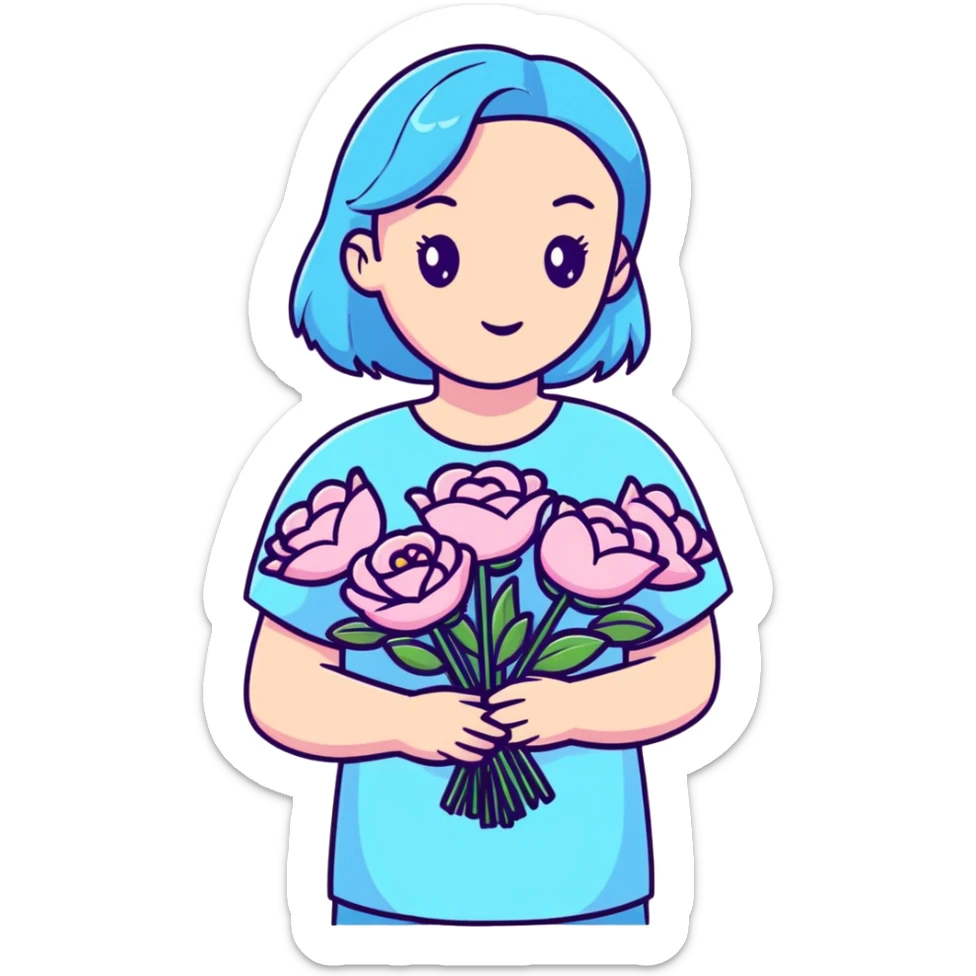 girl wearing pastel blue clothes holding a bouquet of pink flowers sticker