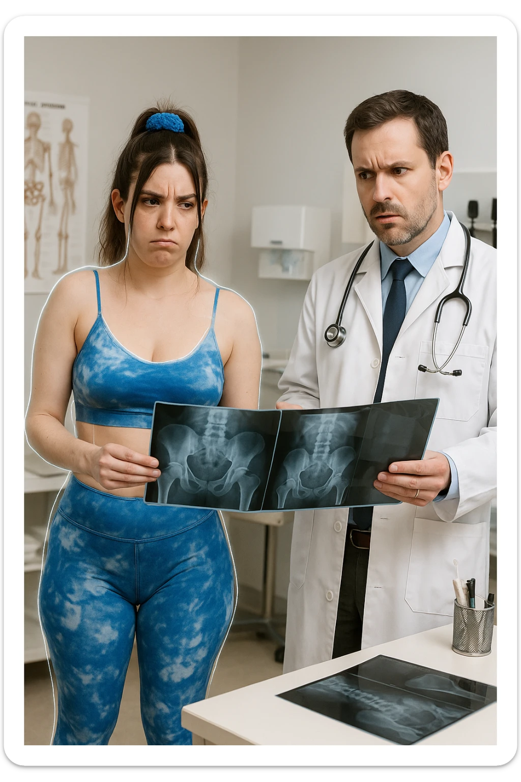 a person sits in a doctor’s office, holding medical imaging results (like X-rays or MRI scans) that appear normal. However, a subtle shadow or ghosted outline around their body reveals postural asymmetries—such as uneven shoulders or hips—that are not visible in the scans. The doctor looks puzzled, while the patient appears frustrated. sticker