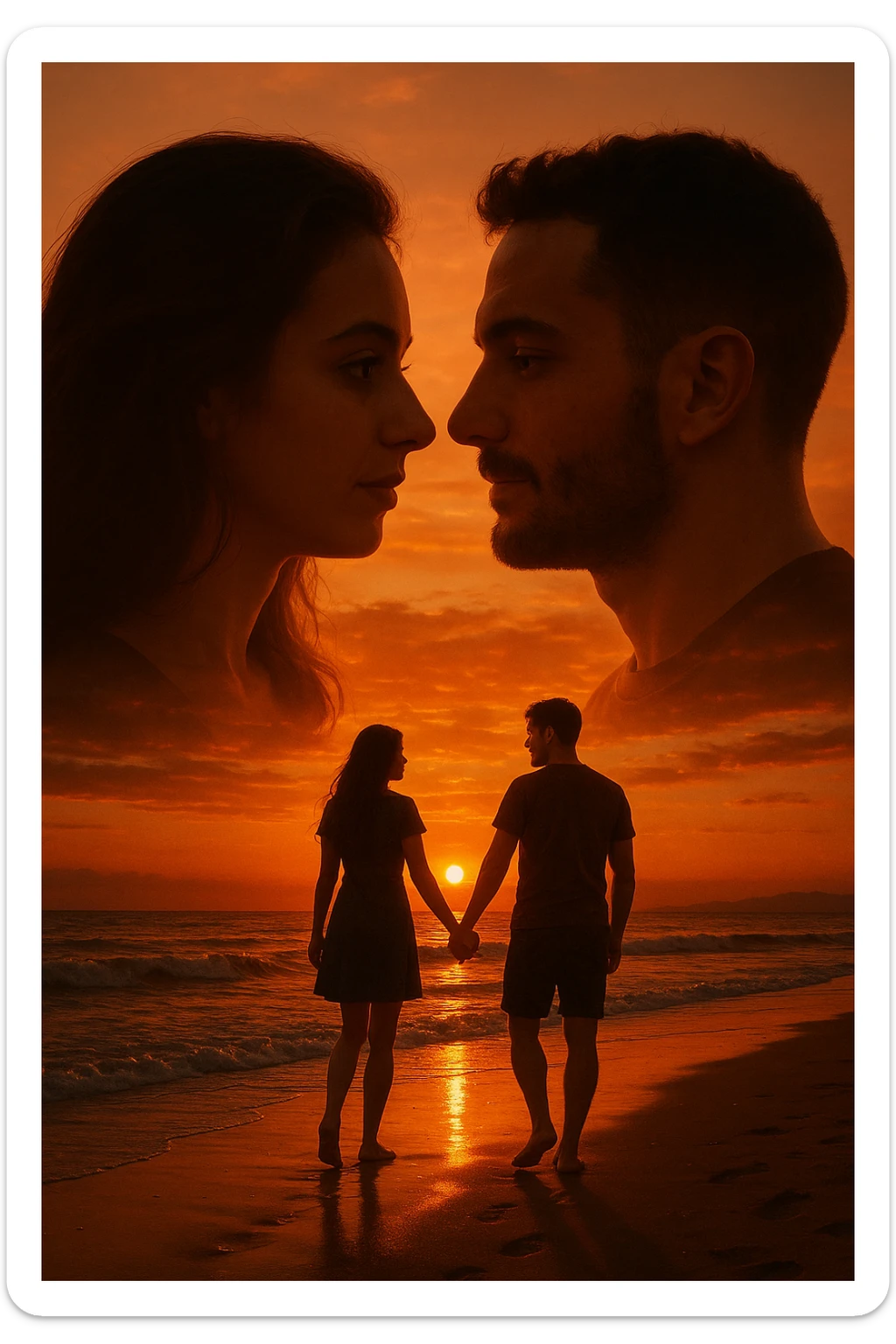 Una doppia esposizione cinematografica di noi di profilo, con un paesaggio di spiaggia al tramonto integrato nella silhouette.
La scena interna ci mostra entrambi camminare sulla sabbia bagnata, tenendoci per mano, con le onde del mare che si infrangono è facile e un cielo colorato dagli ultimi raggi di sole. Atmosfera calda e intima, toni dorati arancioni, dettagli fini ed espressivi, risoluzione 8K. sticker