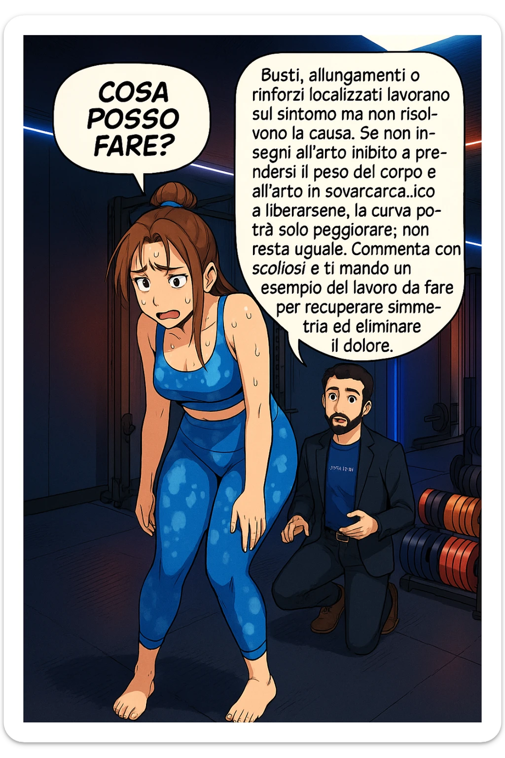 ispirati a questo stile di disegno e fai questa immagine in versione manga/webtoon a colori, il manga mostra la donna preoccupata che chiede: "COSA POSSO FARE?" E L'UOMO CHE RISPONDE: Busti, allungamenti o rinforzi localizzati lavorano sul sintomo ma non risolvono la causa. Se non insegni all’arto inibito a prendersi il peso del corpo e all’arto in sovraccarico a liberarsene, la curva potrà solo peggiorare; non resta uguale. Commenta con scoliosi e ti mando un esempio del lavoro da fare per recuperare simmetria ed eliminare il dolore. sticker