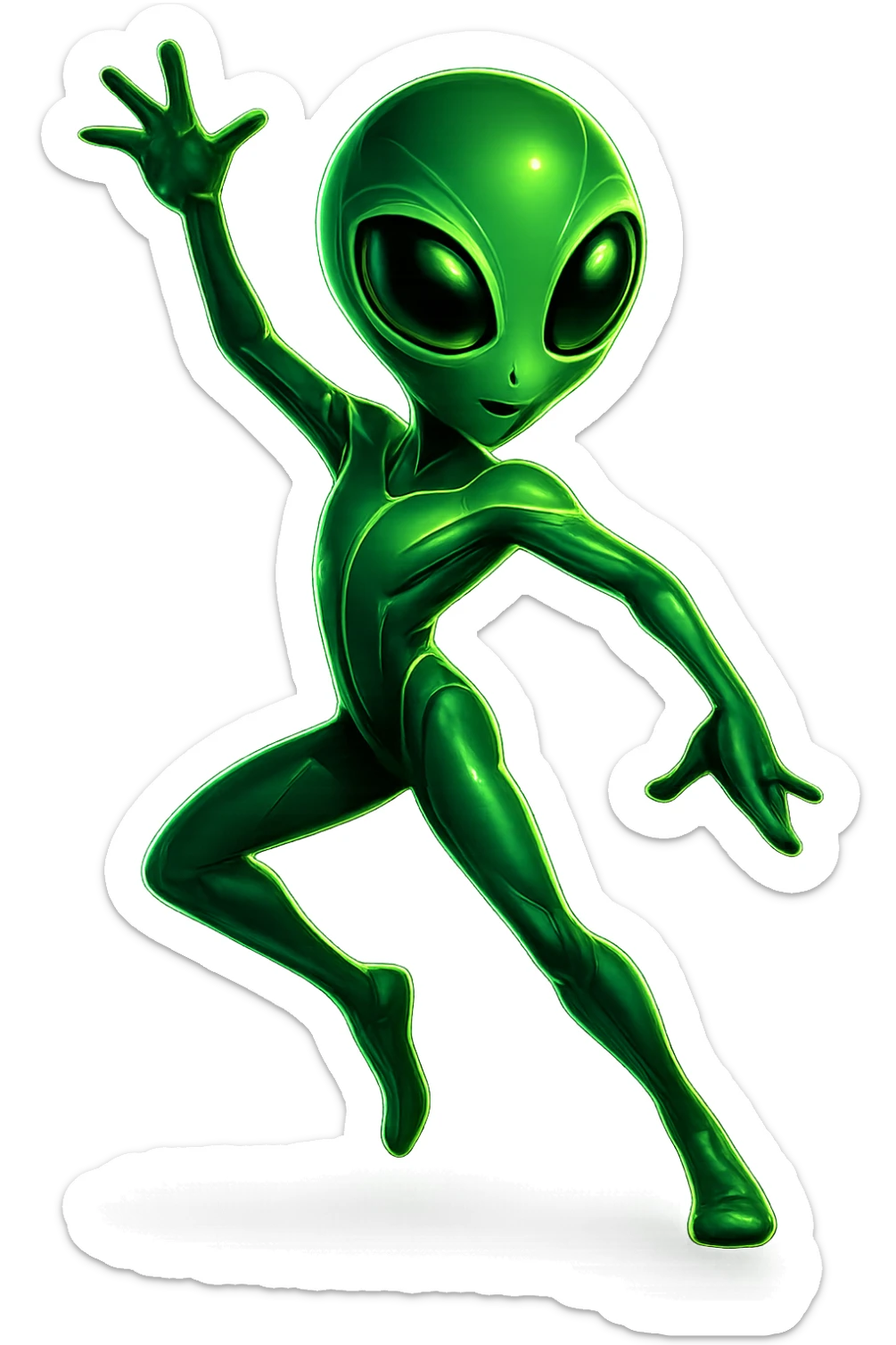 Edit the image of a dancing alien in neon green with large eyes in a futuristic style. Create a new pose. The image should be PNG with a transparent background, highlighting the large eyes and futuristic neon green look. sticker