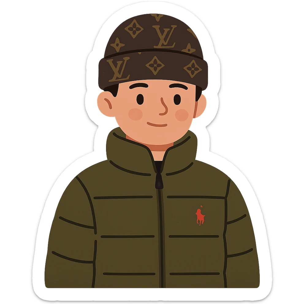 flat toon style young person wearing a Louis Vuitton beanie and a Ralph Lauren Gorham jacket sticker