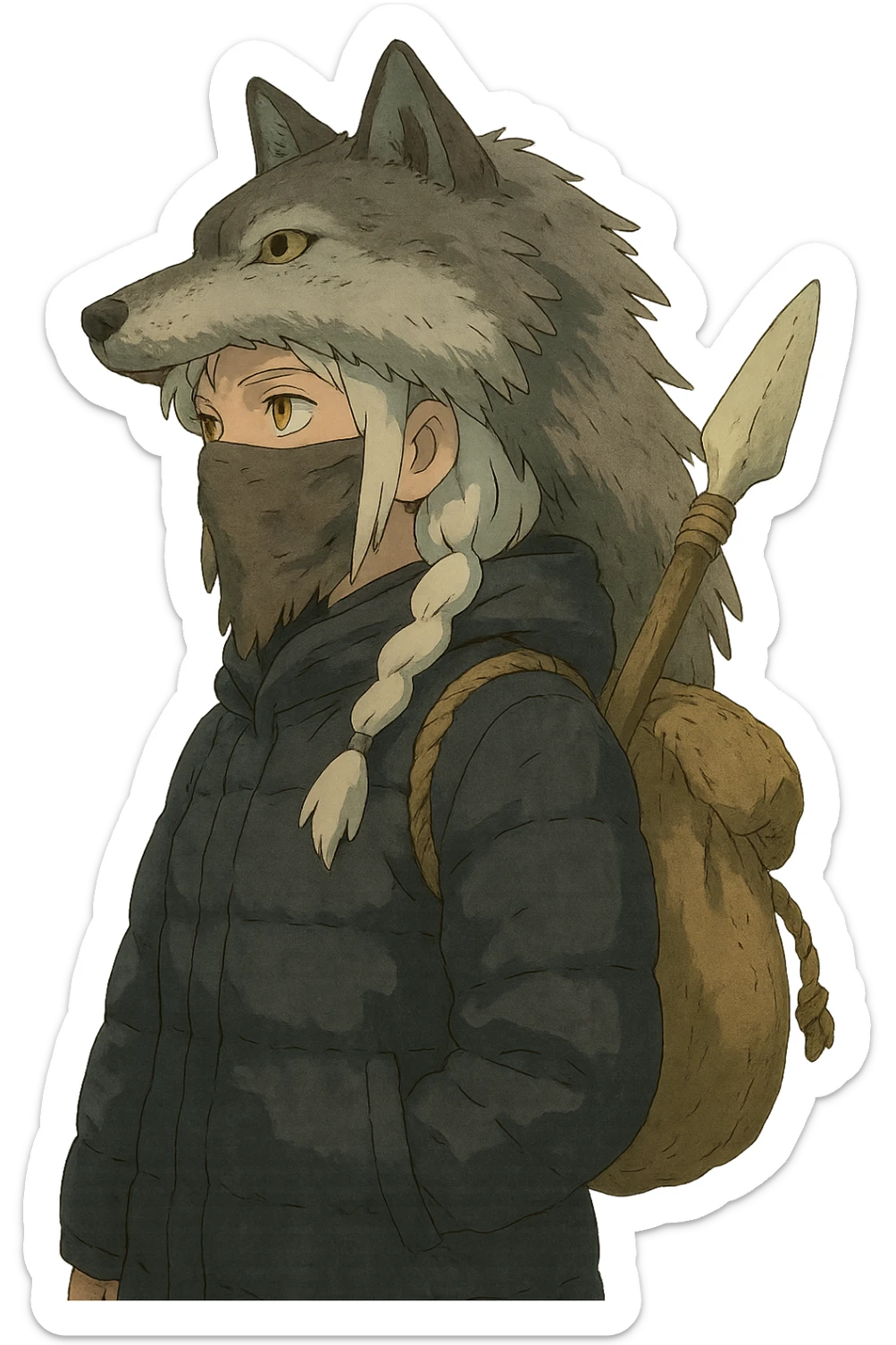 1 female, gold yellow eyes, white hair with a single long braid, wolf headdress, rag face covering, dark colored puffer parka, gazing into the distance. overcast lighting. the has a burlap bag-rope backpack, and a wooden spear with a bone knife tip sticker