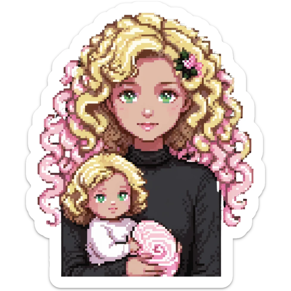 pale girl with curly medium-length blonde hair and baby pink swirls sticker