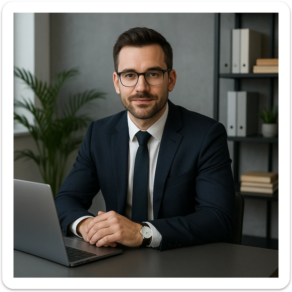 A 35-year-old male business coach sitting at a desk with a laptop, professional and modern style sticker