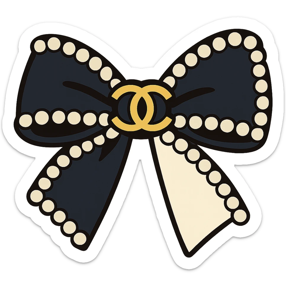elegant bow with pearls and gold Chanel logo, glossy, black and white sticker