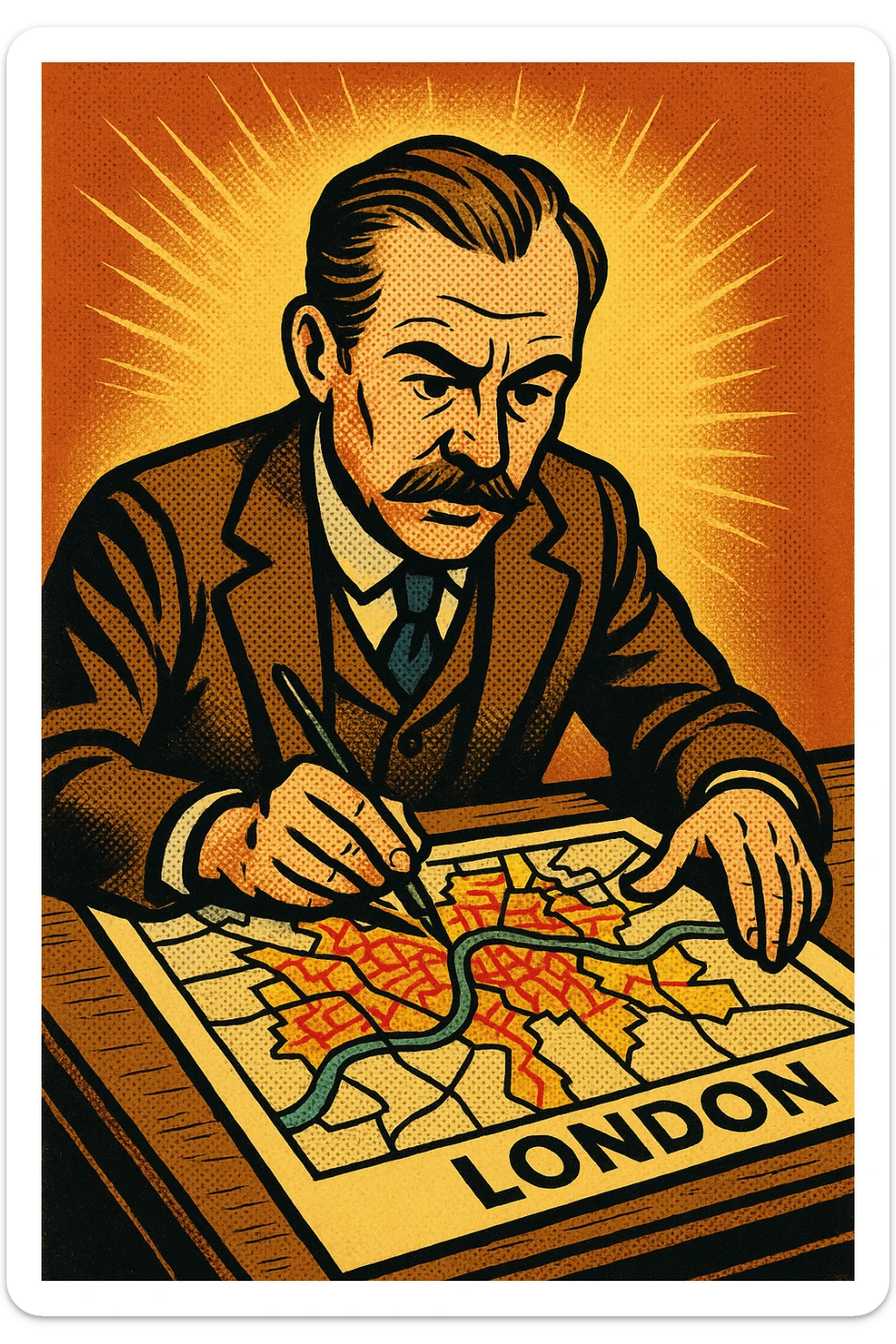 Charles Booth sitting at his desk creating a map of poverty in London sticker