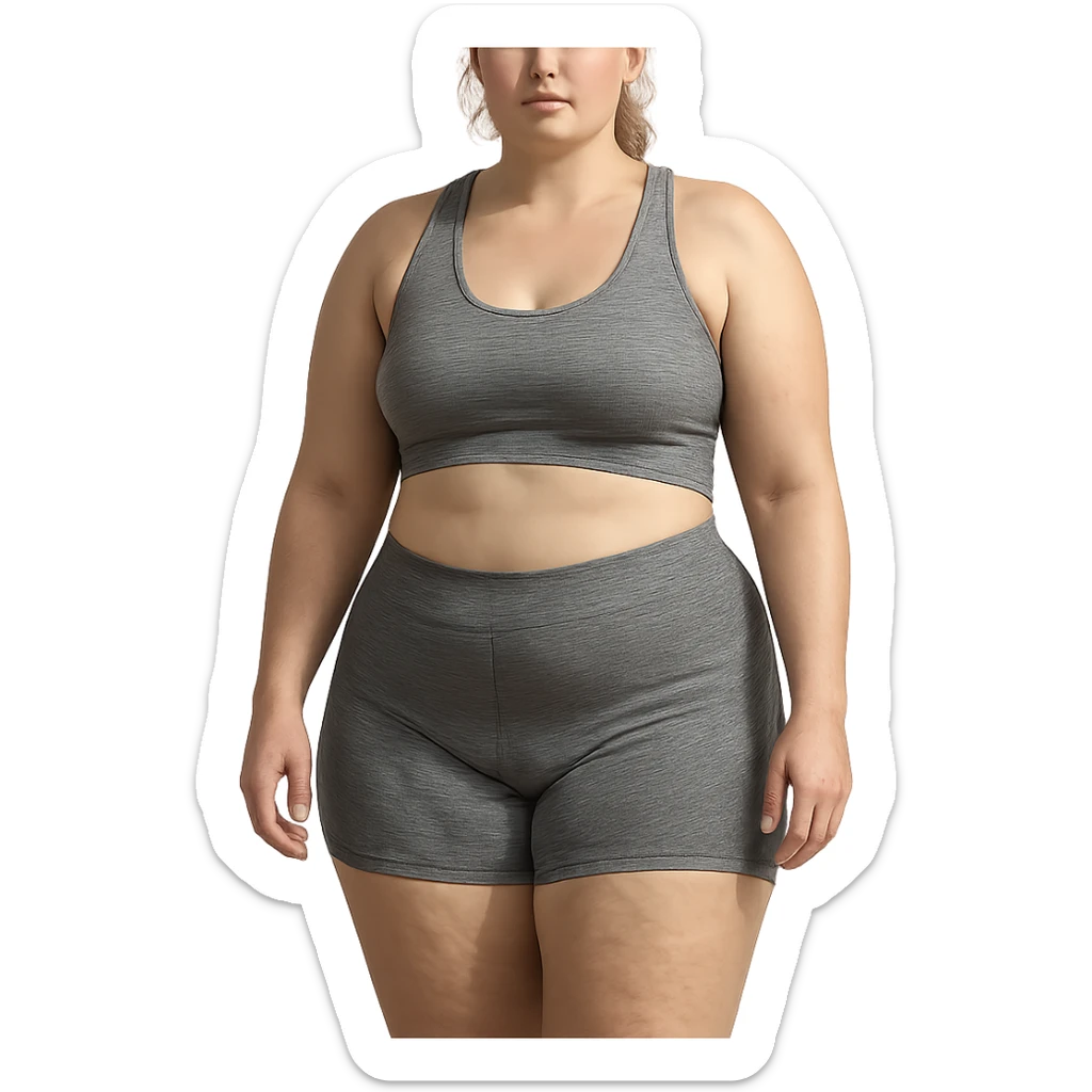 hyper realistic 4K woman in sportswear, fat on thighs and legs, normal physique, skin details, natural light sticker