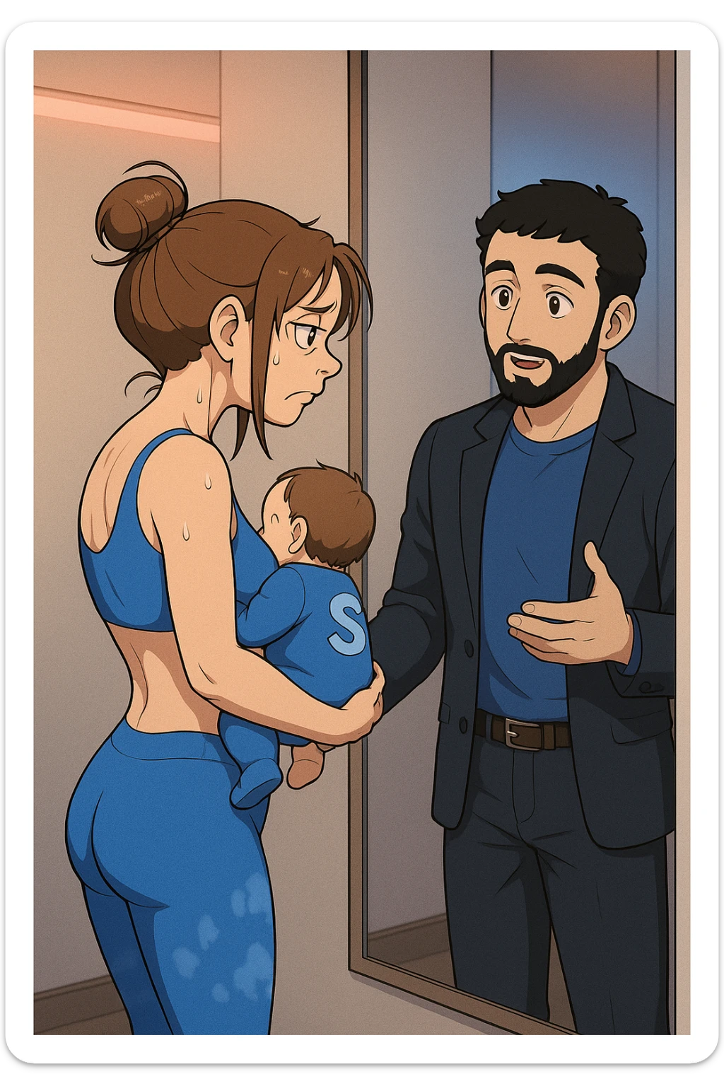 ispirati a questo stile di disegno e fai questa immagine in versione manga/webtoon a colori, il manga mostra la donna che si guarda alla specchio preoccupata di profilo con la postura sbagliata e incurvata, spalle chiuse e curve in avanti, con un neonato in braccio con una tutina azzurra e la scritta "S" blu sulla schiena, spina dorsale storta della donna in evidenza mentre al suo fianco anche l'uomo guarda la donna riflessa nello specchio e le spiega una cosa, ma non fare i fumetti, fai come se stessero parlando sticker