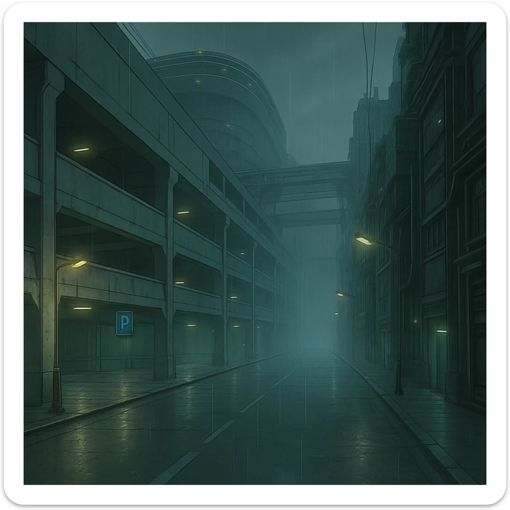 a dark, drab industrial street, dim lights, thick fog and rain. no cars. parking structure. pre-twilight gray. dystopian futurepunk, but the streets are clean, massive structure, very futuristic sticker