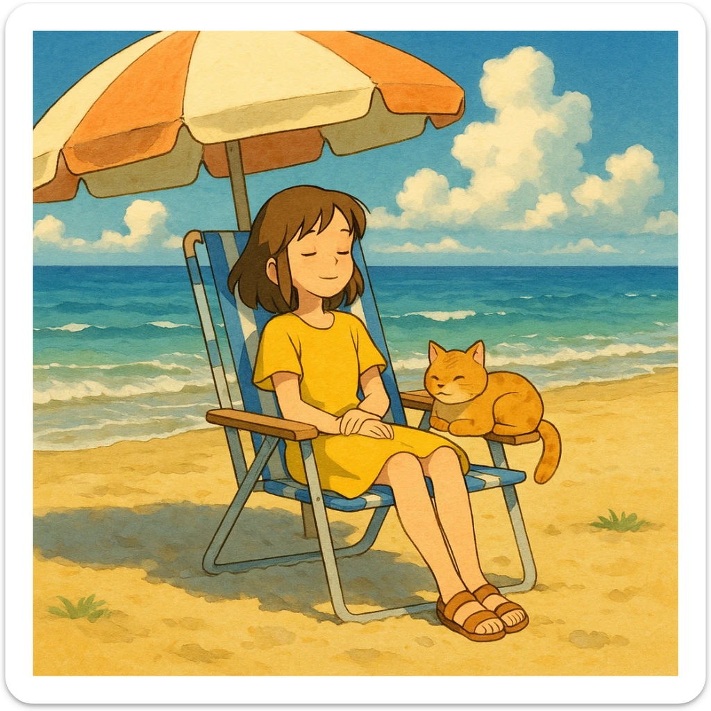 girl and her cat on the beach, sitting in a chair under the sun, ghibli style sticker