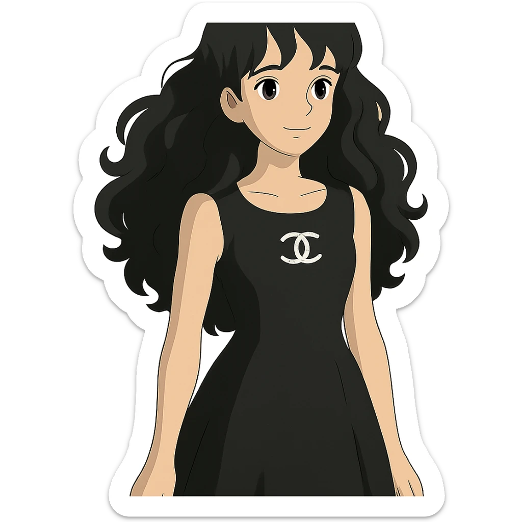 light skin girl with black very long curly hair, brown eyes, wearing a black Chanel dress, in ghibli style sticker