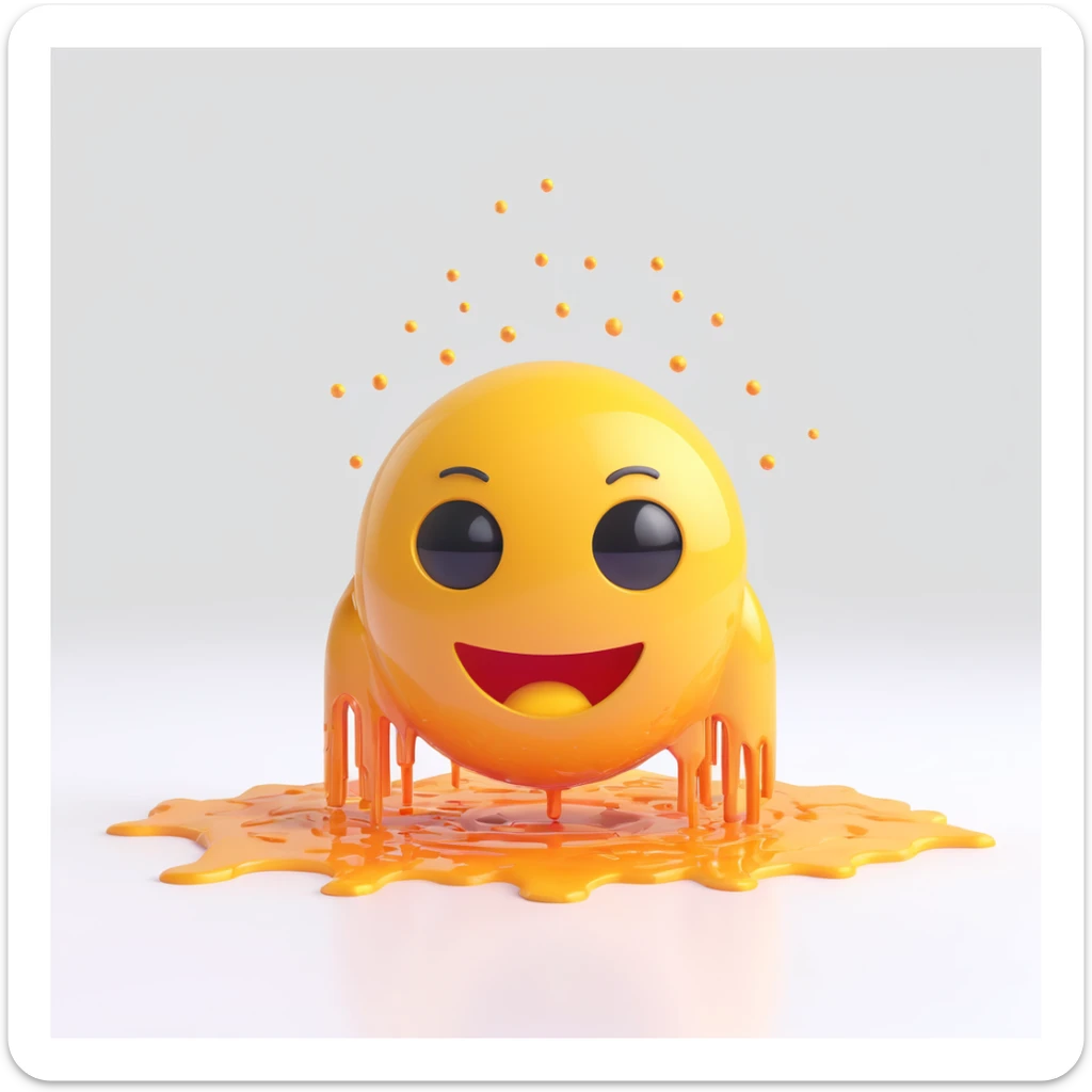 melting emoji face in front of a futuristic AI robot, emoji fading into digital particles, colorful flat 3D icon style, neon colors, white background sticker