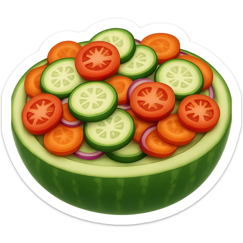 Add cut carrot slices to the cucumber salad with tomato and onion. The style should resemble emoji style with no background. sticker