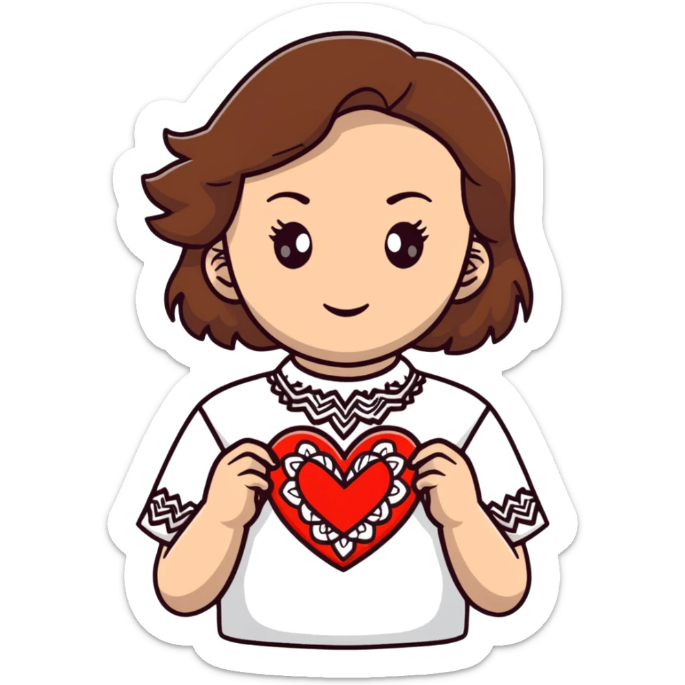 Beautiful young girl with brown hair in a white Ukrainian embroidered shirt holding a large embroidered heart sticker