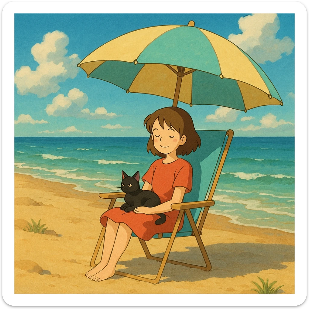 girl and her cat on the beach, sitting in a chair under the sun, ghibli style sticker