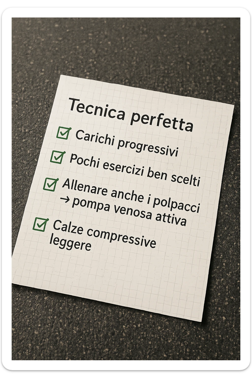 FOGLIO DI CARTA PER L'ALLENAMENTO IN PALESTRA CON LA SCRITTA "Tecnica perfetta
 ✅ Carichi progressivi
 ✅ Pochi esercizi ben scelti a seduta
 ✅ Allenare anche i polpacci → pompa venosa attiva
 ✅ Calze compressive leggere" , IPERREALISTICA 4K sticker