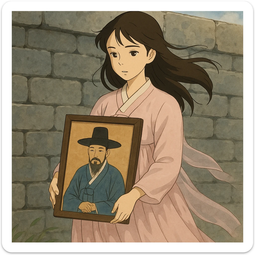 a young woman in a pale pink sheer hanbok holding a traditional Korean portrait in front of a grey stone wall, subtle wind moving her dress and hair, ghibli style sticker