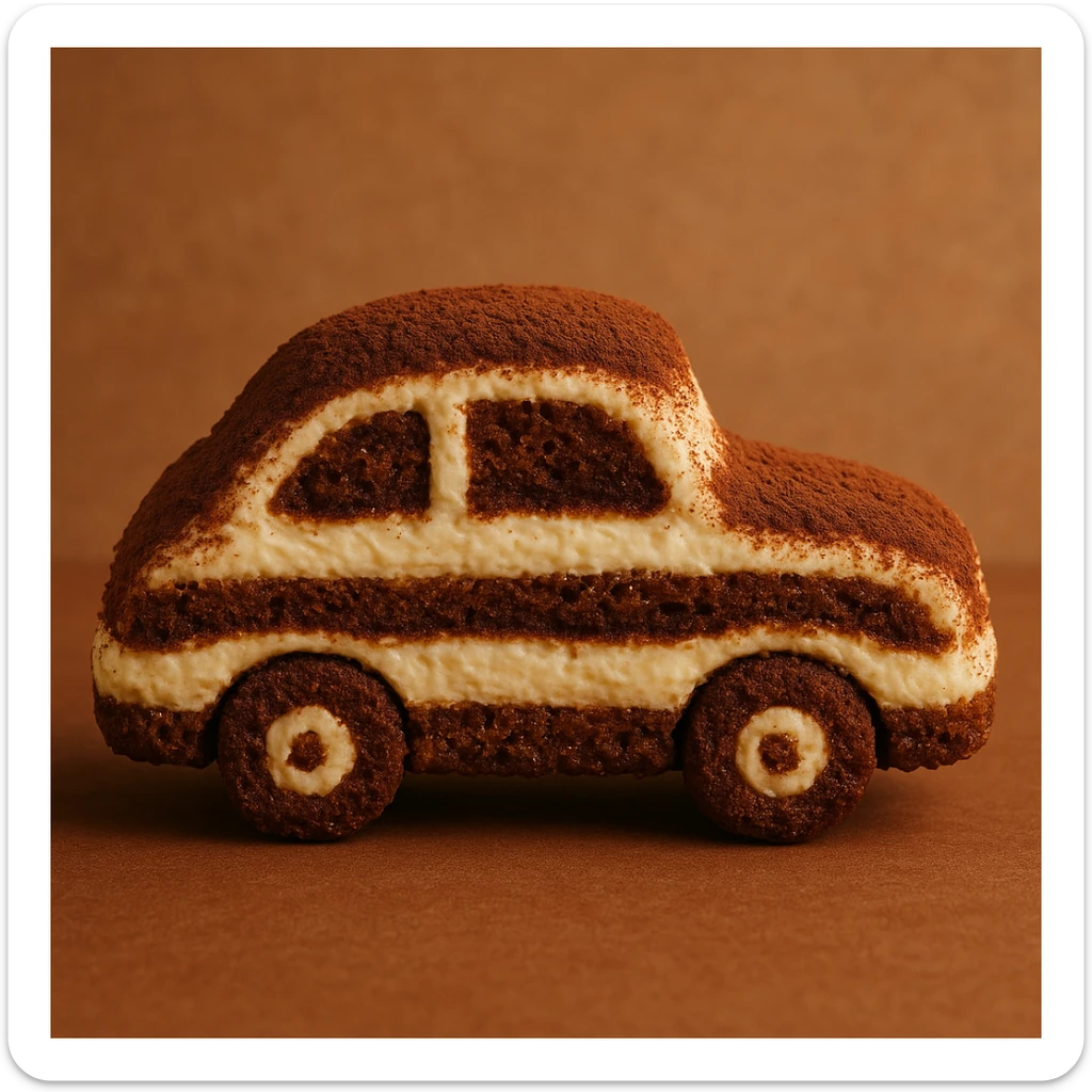 side view of a small car made from tiramisu, with visible layers of coffee-soaked cake and mascarpone, dusted cocoa on top, whimsical and appetizing sticker