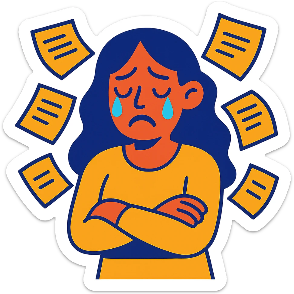 sad woman with flying papers around her, vibrant colors sticker