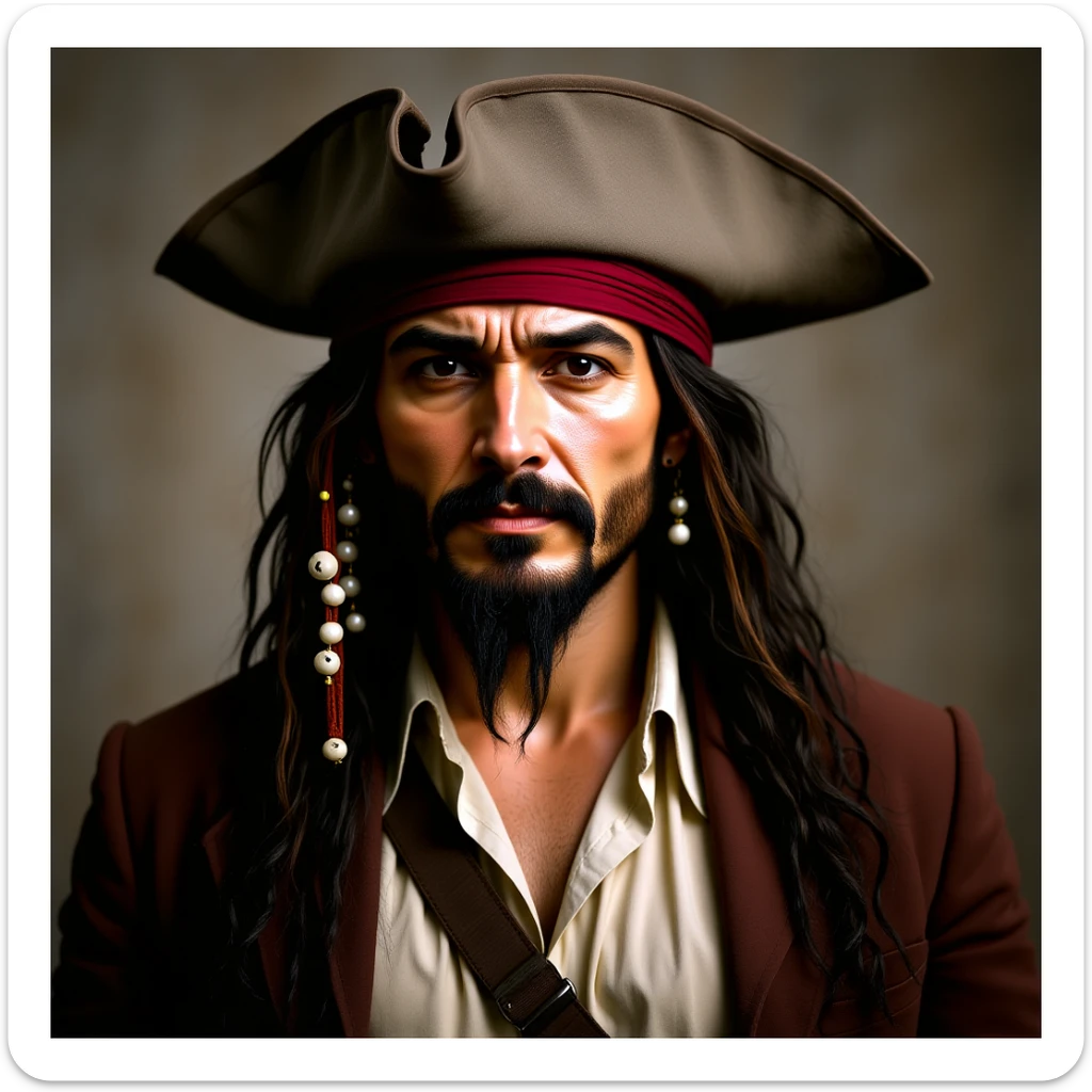 realistic portrait of Jack Sparrow, pirate captain, detailed pirate attire, tricorn hat, beaded hair, photorealistic style sticker