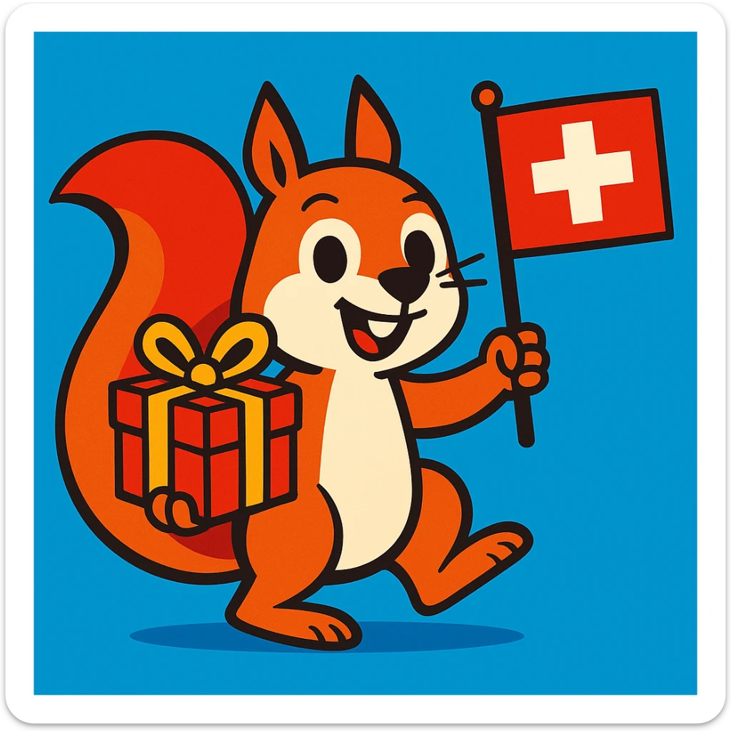 squirrel holding a gift in one hand and a Swiss flag in the other, vibrant toon style sticker