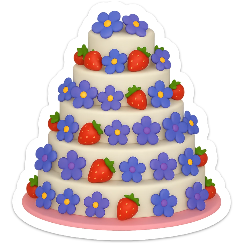 Replace the pink and white flowers with blue and purple flowers on the white wedding cake with strawberries, no topper. The style should resemble emoji style with no background. sticker