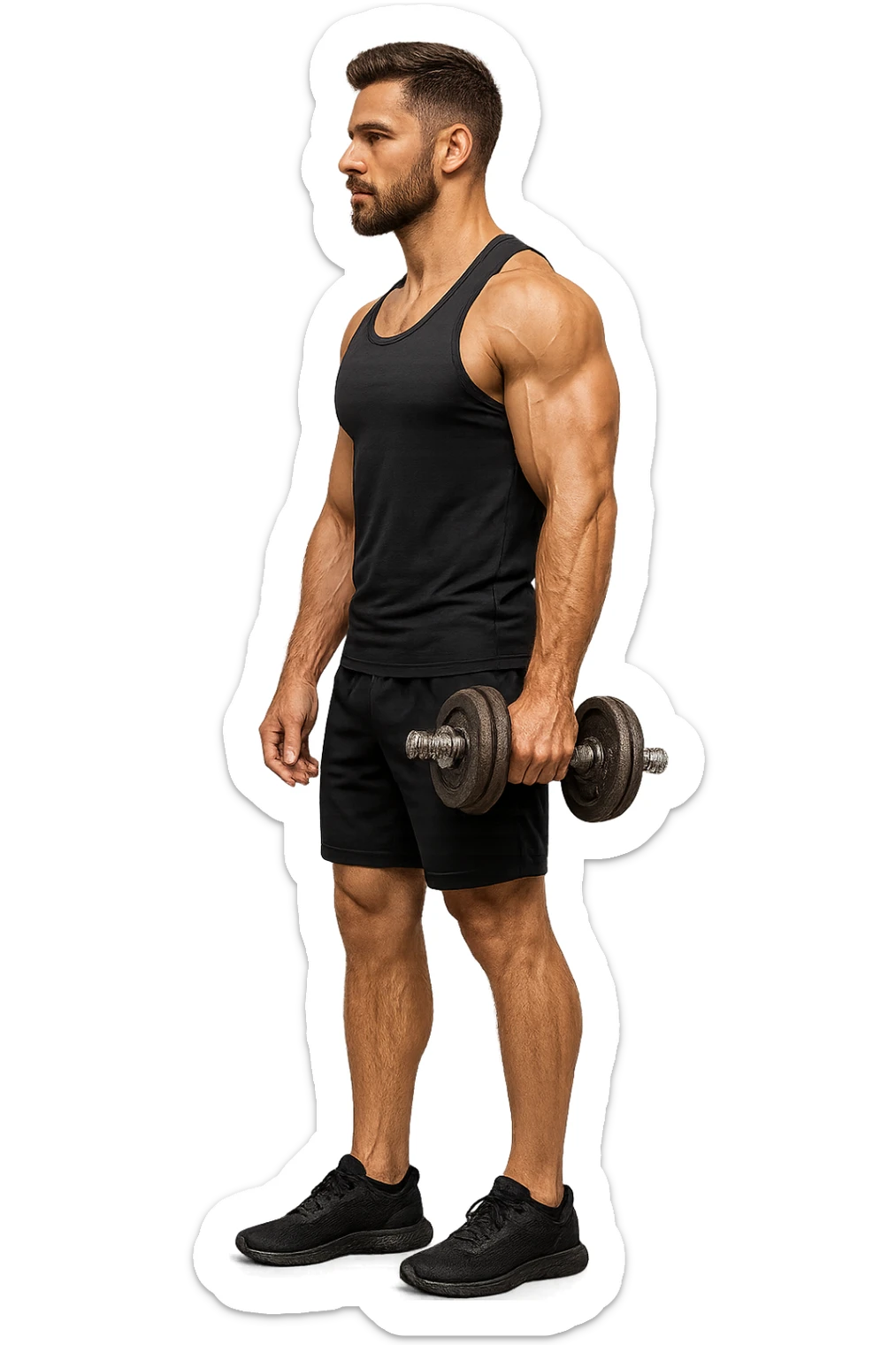 uomo fitness di profilo a figura intera con manubrio da palestra in mano, iperrealistico 4k sticker