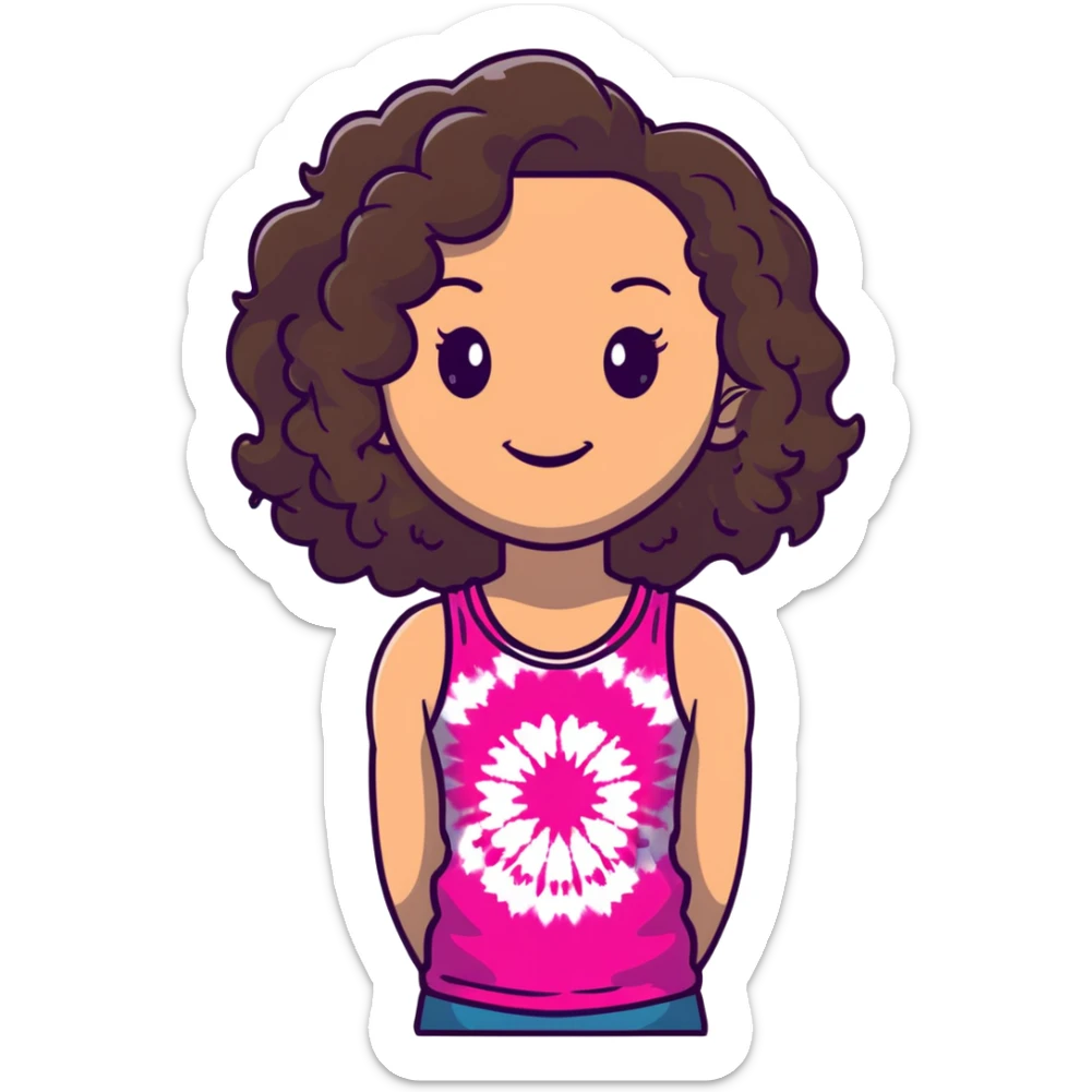 Friendly maternal woman with fair skin, long dark brown curly hair, large almond eyes, full lips, wearing bright pink tie-dye tank top, warm welcoming smile sticker