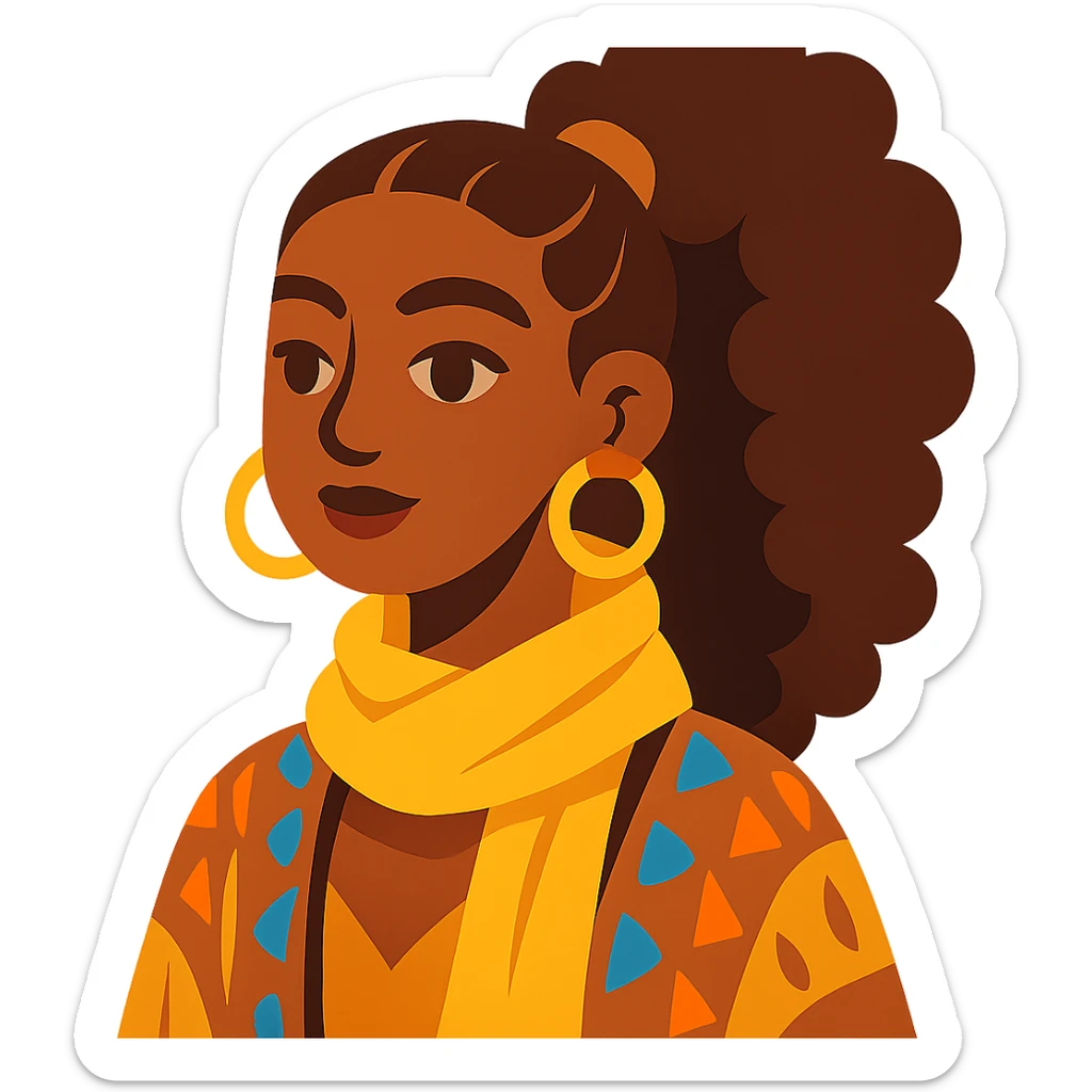 boho girl with brown skin, long curly brown hair in a high ponytail, lemon yellow scarf, round earrings sticker