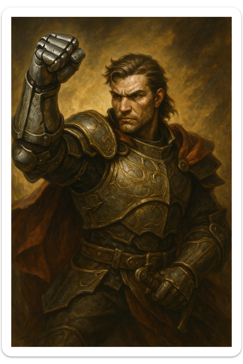 Alexandr Iron Fist, heroic character with a metallic fist, strong and determined expression, fantasy style sticker