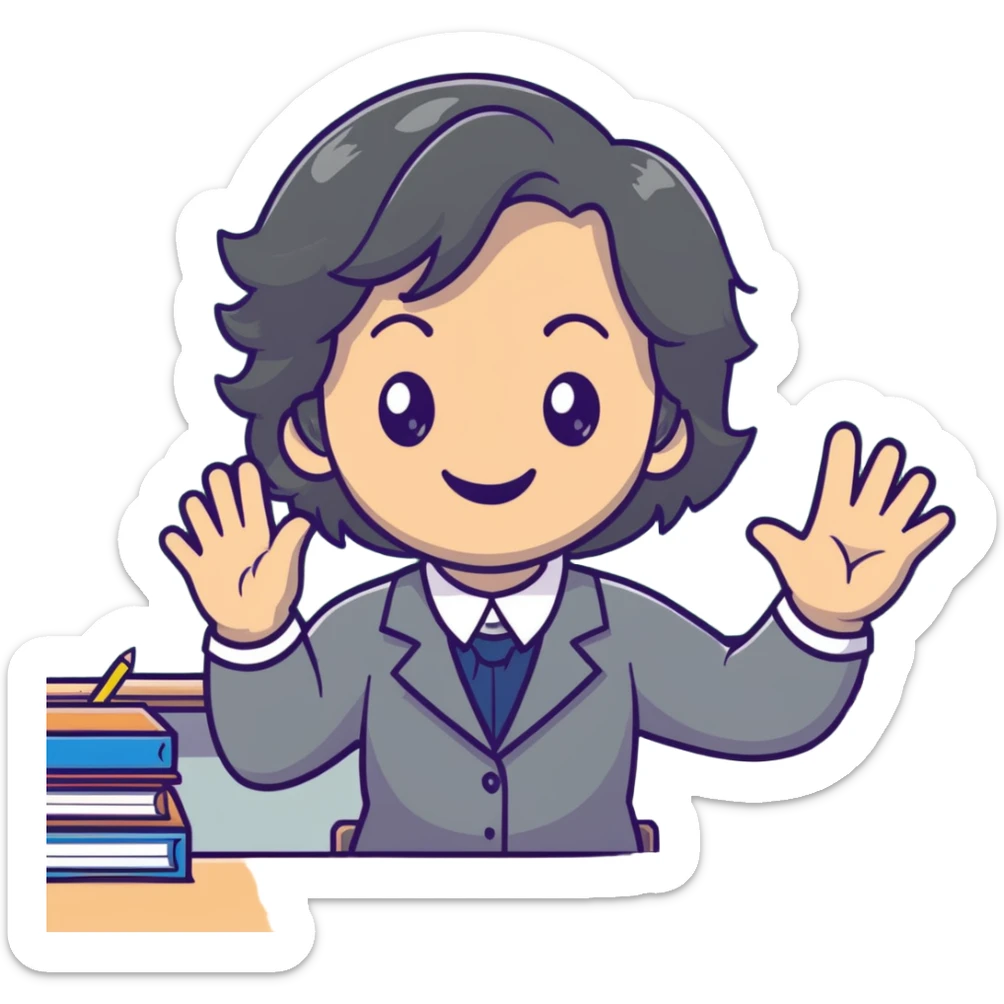 smiling English teacher with airtouch hair and grey-green eyes teaching in a classroom with chalkboard sticker