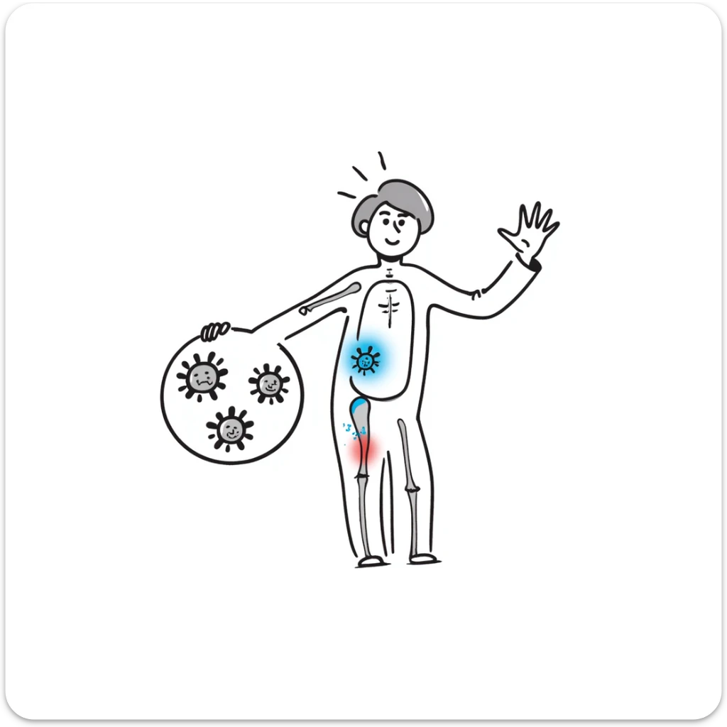 Medical illustration of anti-inflammatory process: transparent human body with highlighted joints, cool blue healing energy neutralizing red inflammation areas, small circular inset showing immune cells becoming calm, clean clinical style with soft futuristic background sticker
