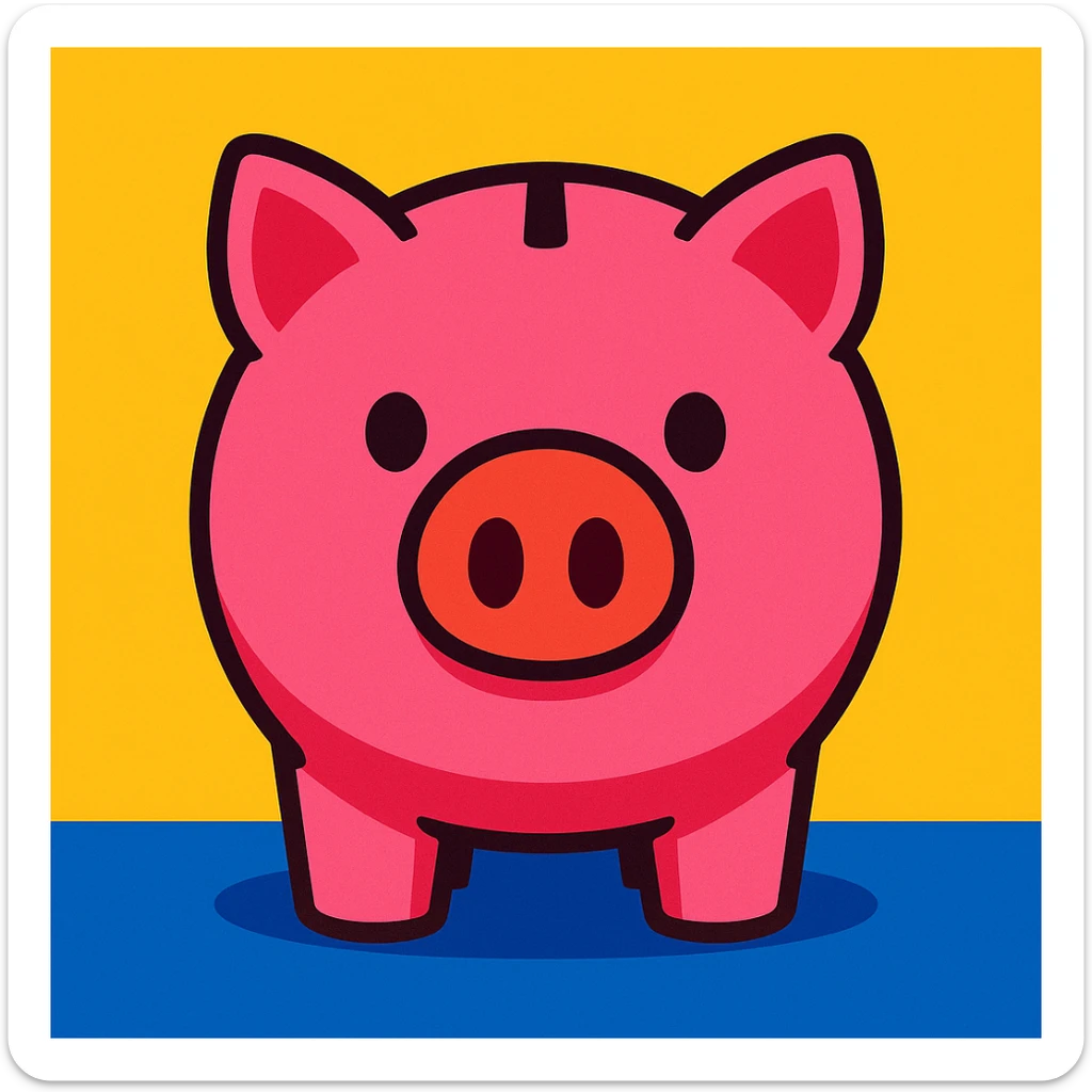 cute pink piggy bank with a round snout and a classic coin slot, bright highly saturated cartoon style, facing forward sticker