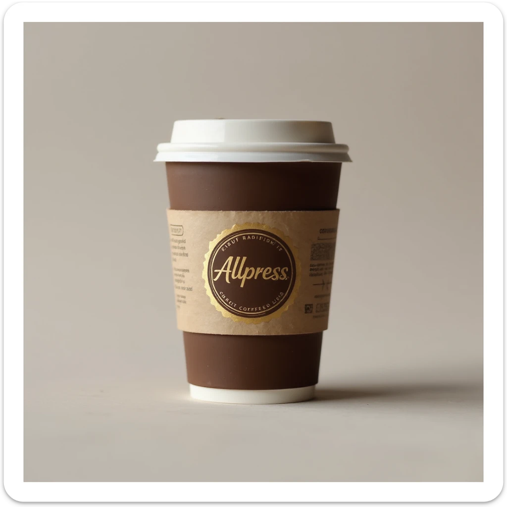 realistic Allpress coffee cup with signature brown and gold branding, isolated on transparent background sticker