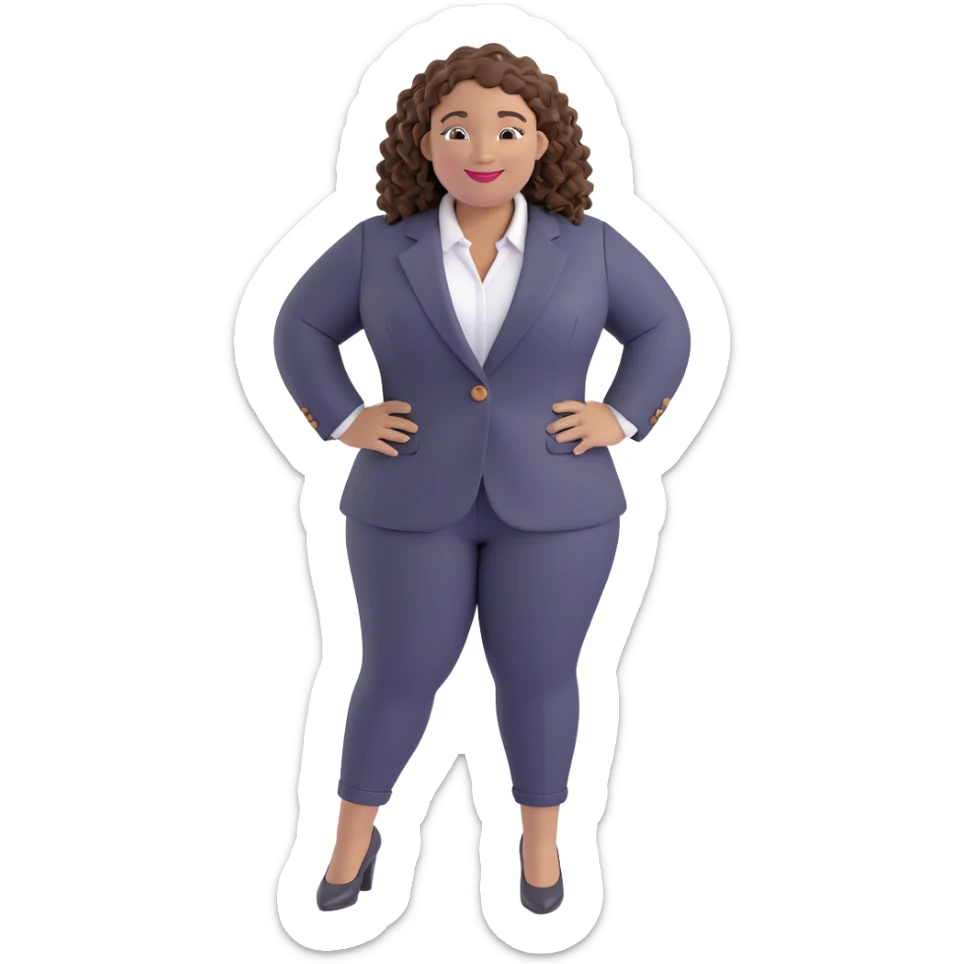 plus size Black woman with curly braids, wearing a blazer, smiling, modern office setting sticker