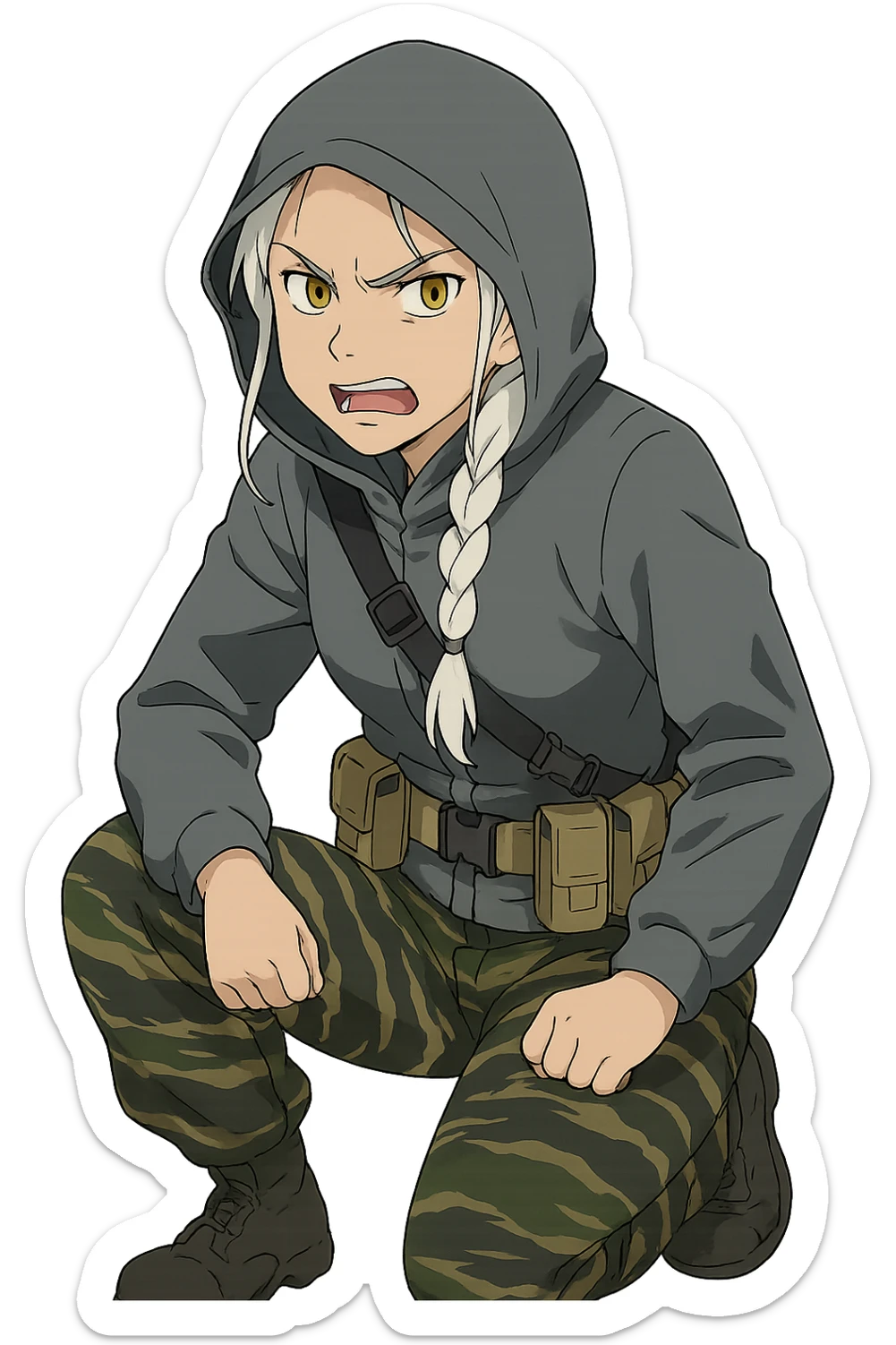 1 female, mid-20's  white hair long braid, gold yellow eyes, gray waterproof tactical shirt hoodie, hood up, single point sling, tan mag pouches on belt rig, tiger stripe camo pants, crouching, angry expression sticker