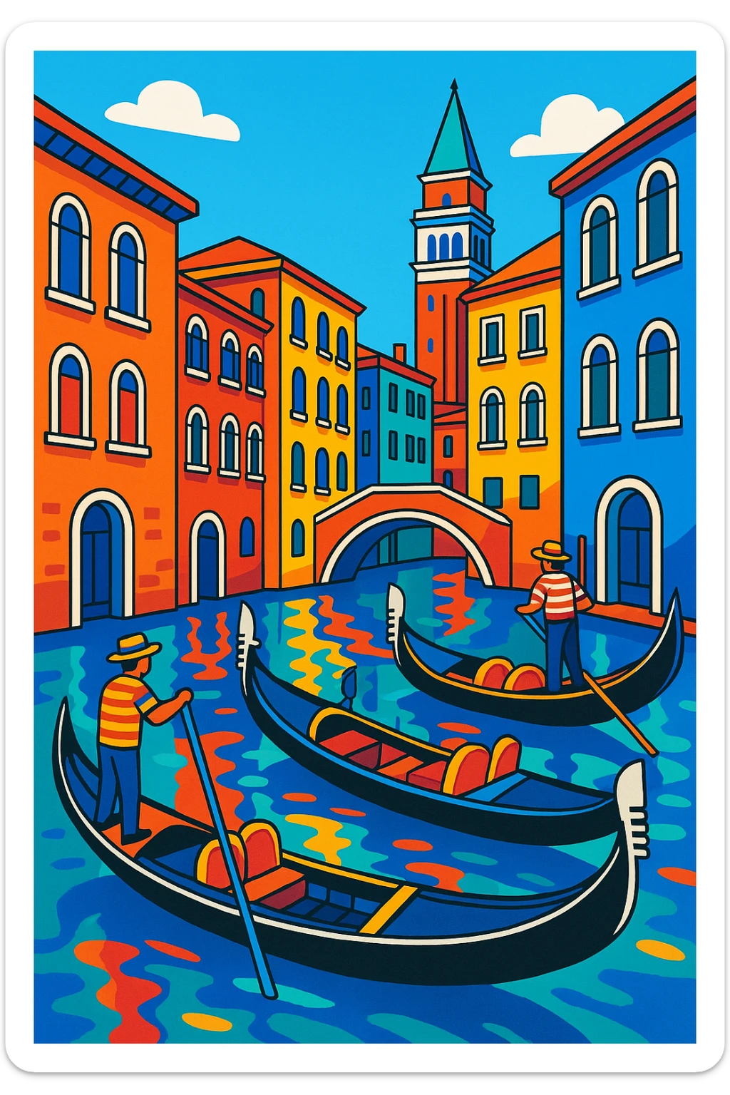 Venice, Italy, with gondolas, canals, and historic architecture, vibrant illustration style sticker