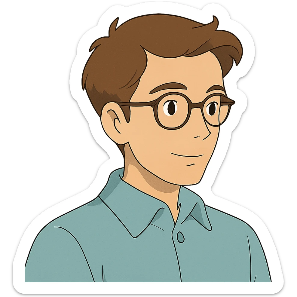 ghibli style male with glasses, French cut hairstyle, brown hair sticker