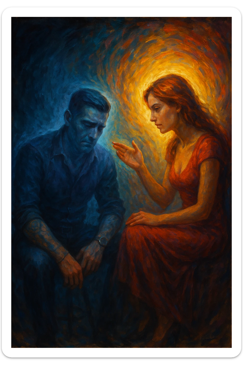 Man receiving advice from a woman, symbolically losing masculine energy, his aura fading while hers shines. Conceptual composition, two seated figures, emotional tension, abstract background." sticker