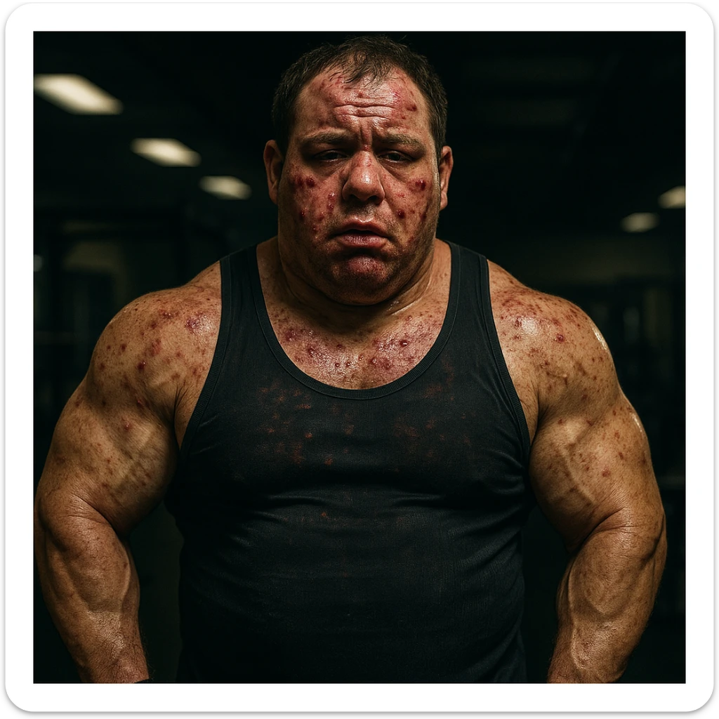  bodybuilder che fa dosaggi a caso di steroidi, e quindi sta male, iper realistica , con tanti effetti collaterali e senza chissà che risultati estetici sticker