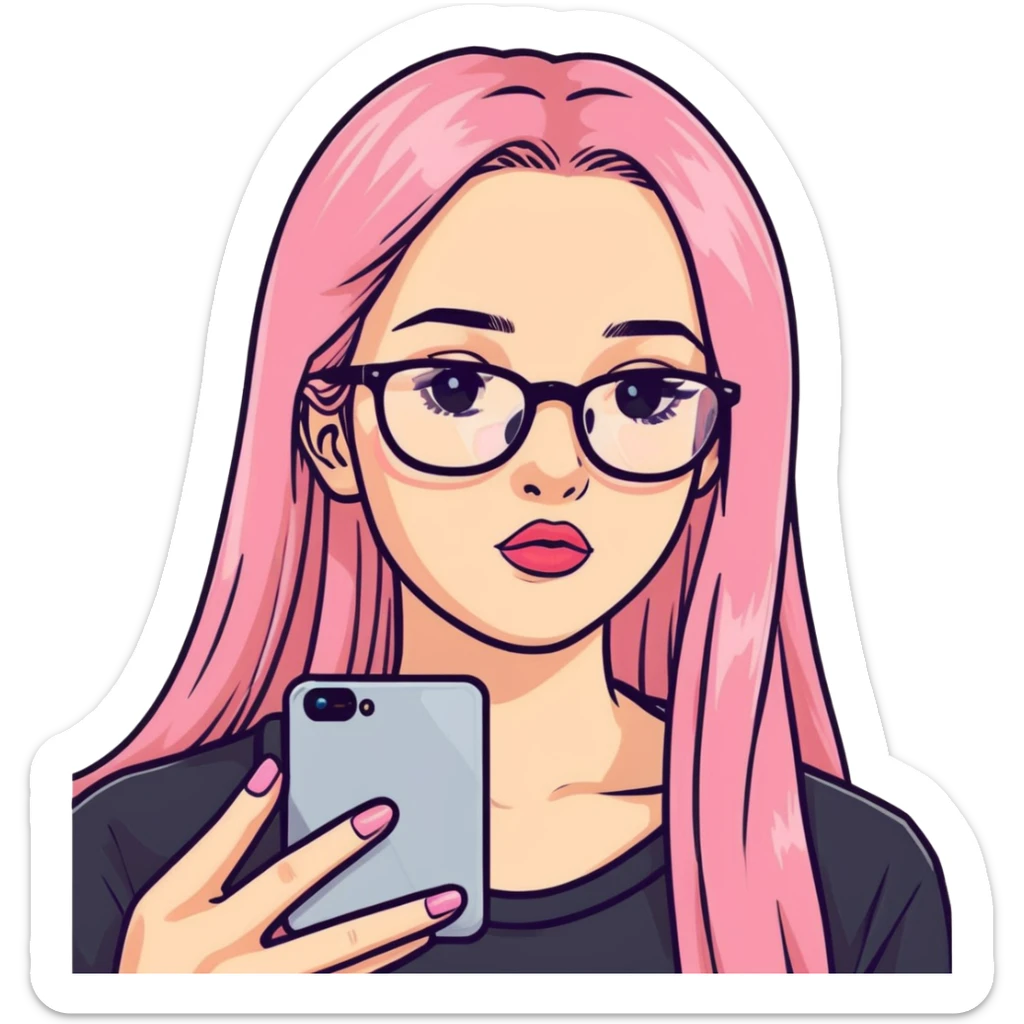 A teenage girl taking a selfie in a school bathroom. She has long, straight blonde and pink-dyed hair, wears rectangular glasses and a black shirt. Her expression is neutral with glossy lips sticker