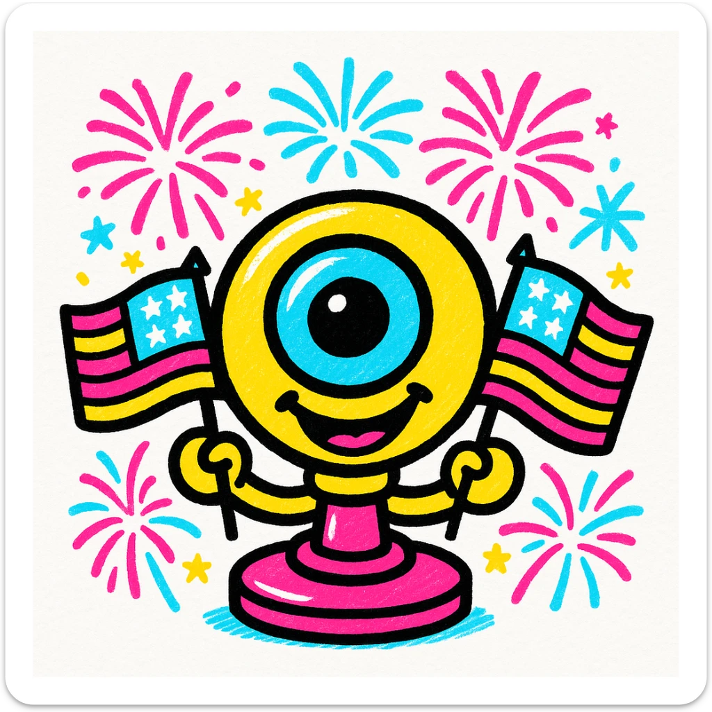 smiling webcam with United States flags and fireworks, festive 4th of July atmosphere, colorful and joyful style sticker