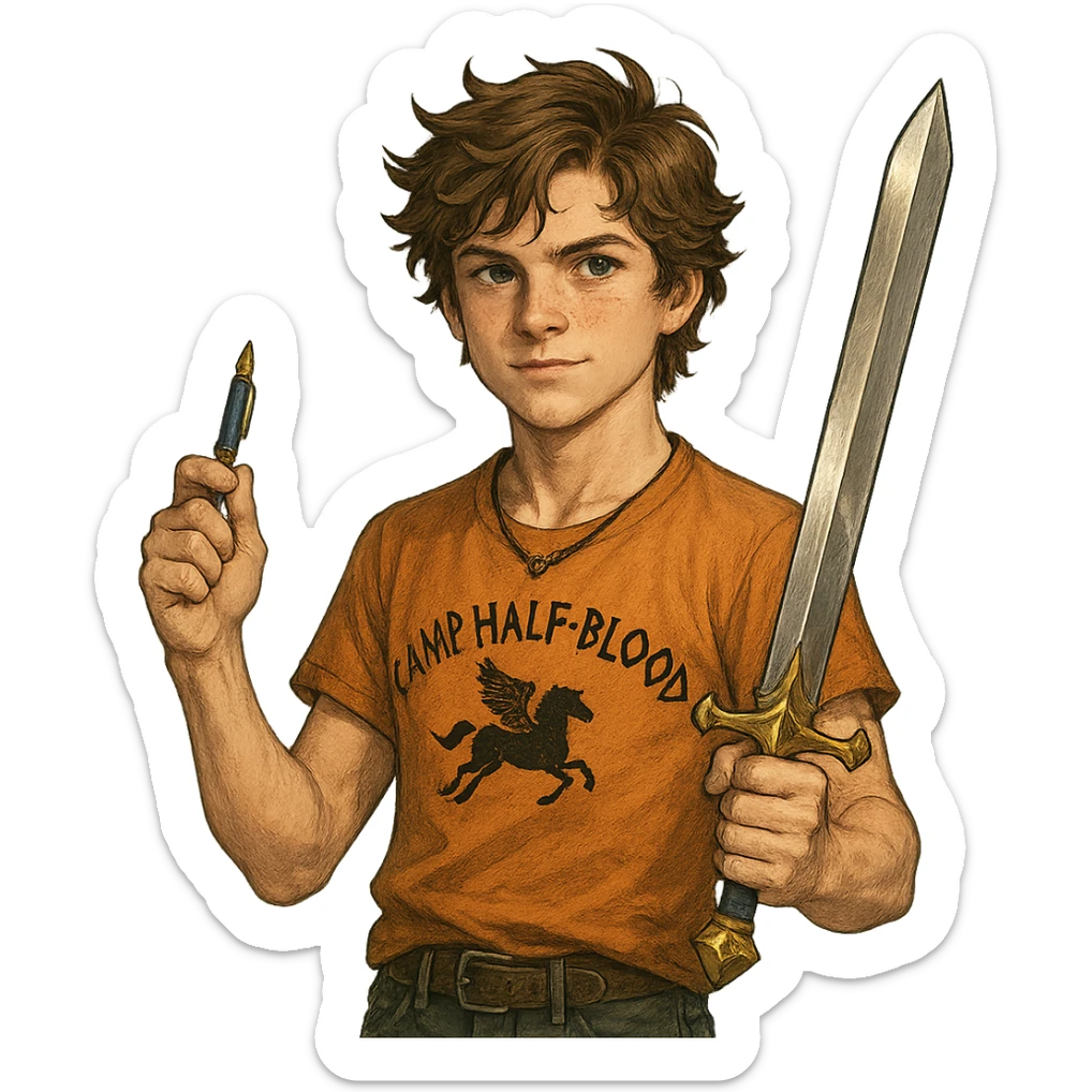 Walker Scobell as Percy Jackson, young teen boy with messy brown hair, wearing a Camp Half-Blood t-shirt, holding a pen that transforms into a sword, confident expression, fantasy adventure vibe sticker