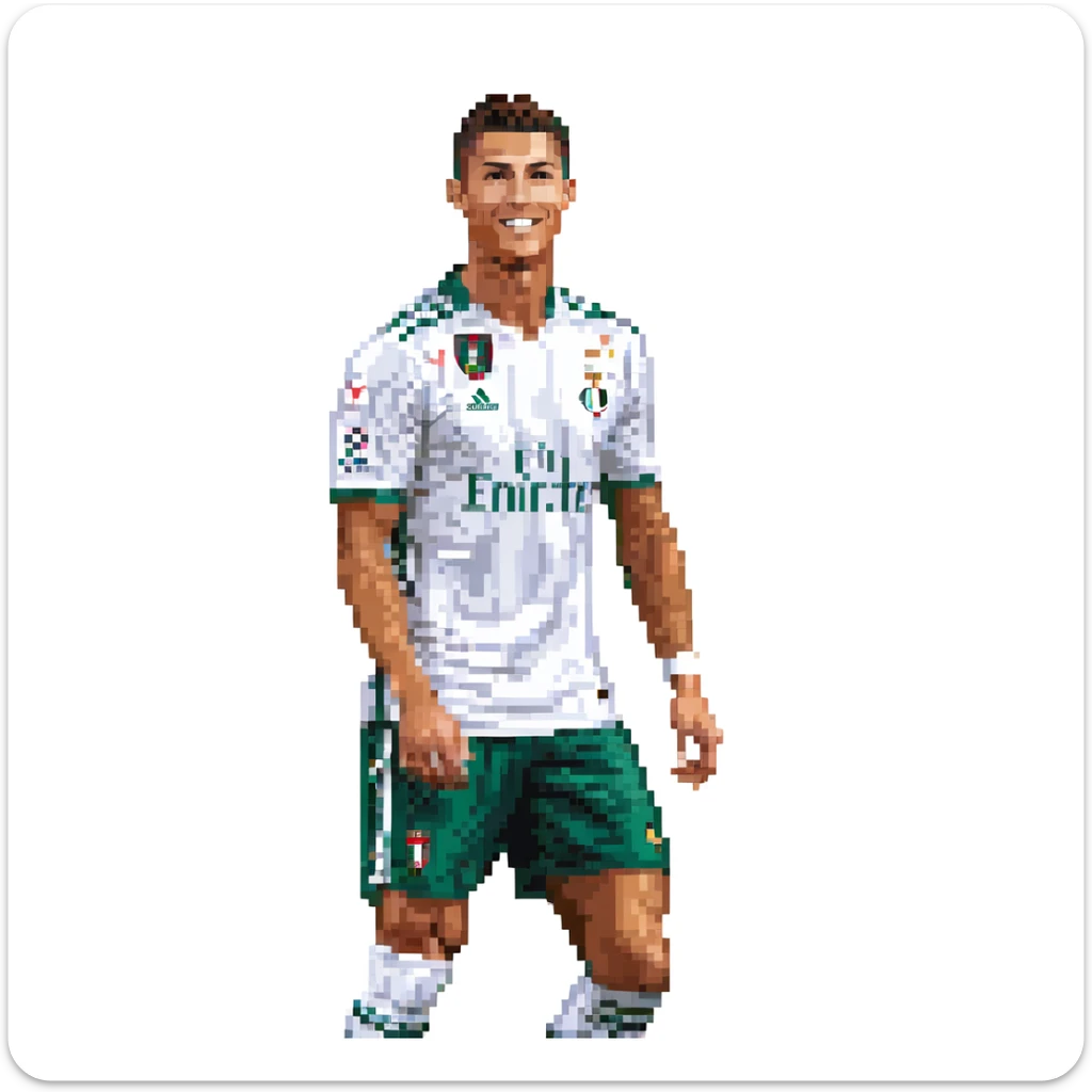 Cristiano Ronaldo in a football kit, mid-action pose, pixel art style, retro 16-bit video game look, football pitch and stadium lights in the background, sharp pixel edges, rich colors, vintage feel, focus on short hair, athletic build, confident smile sticker