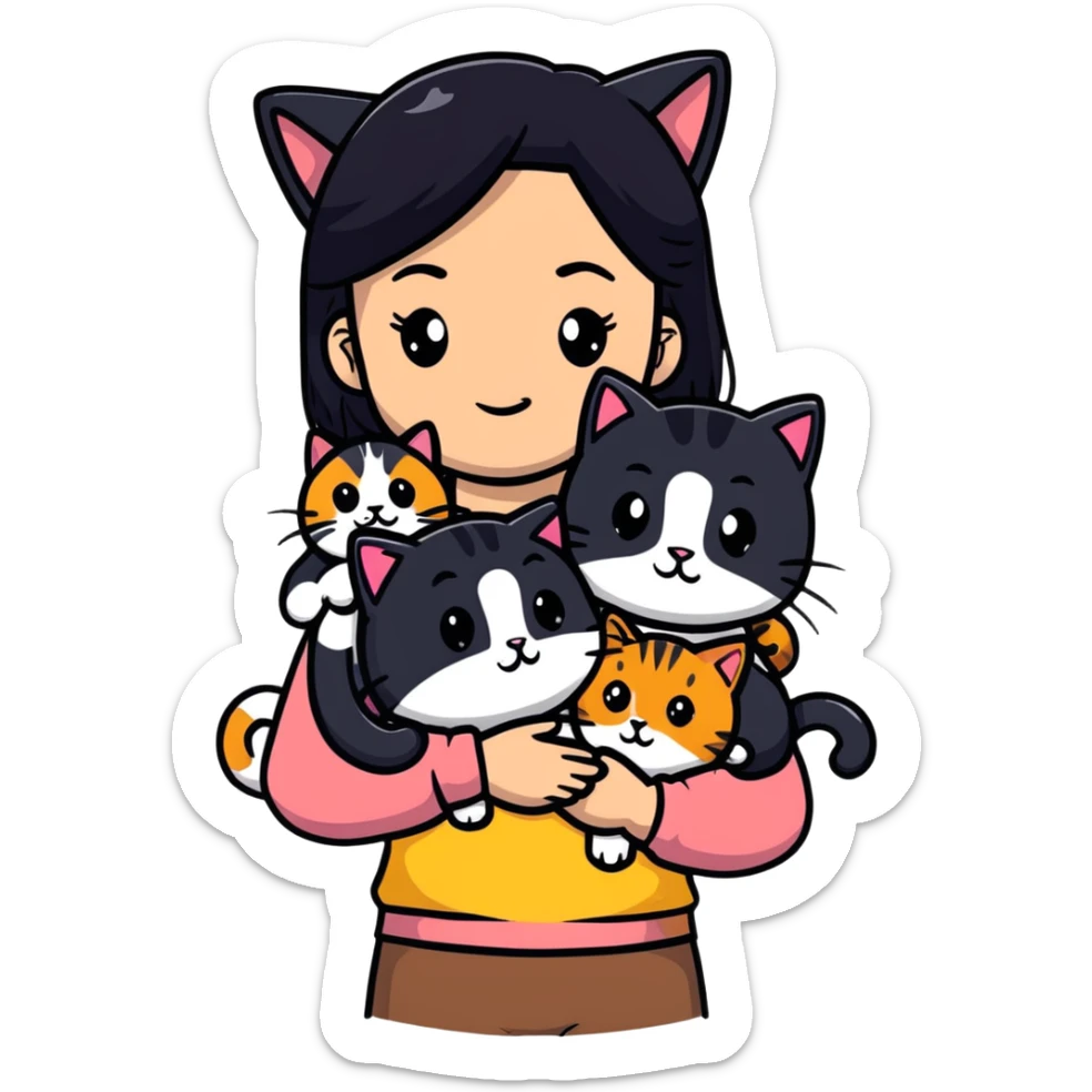teenage girl with black hair with brown highlights with two cats that are tri-colored (black, orange, and white) sticker
