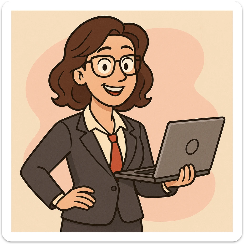 cartoon style female financial expert, friendly, with laptop, business outfit sticker