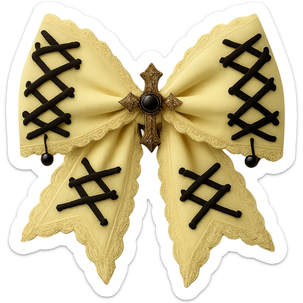 Make the gothic bow and accessories pastel yellow, keep lace and velvet details, photorealistic style, keep background transparent. sticker