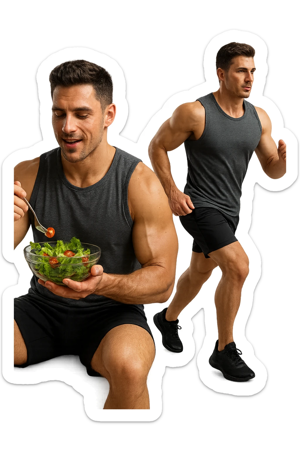 uomo fitness che mangia insalata accanto a uomo identico esteticamente che corre, iperrealistici 4k sticker