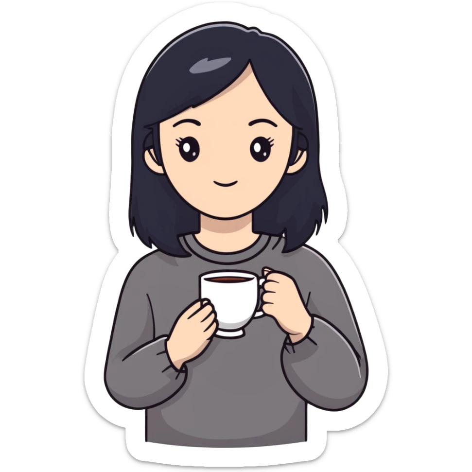 white girl with black hair, self care moment, holding a cup of tea, relaxed sticker